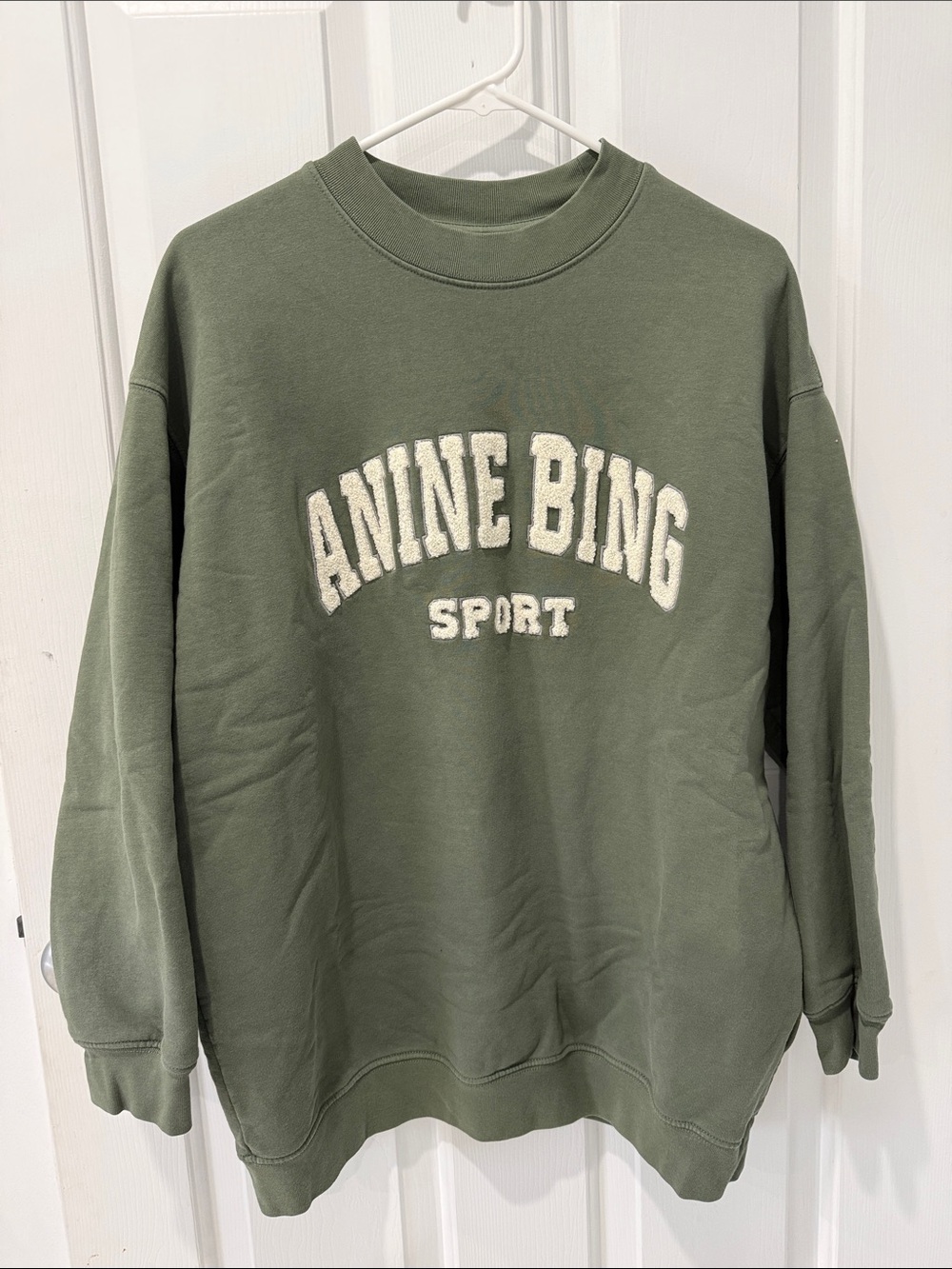 Anine Bing Olive Green Crewneck Sweatshirt with Cream Chenille Logo
